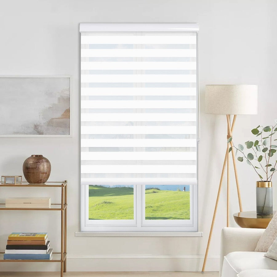 White Joydeco modern light filtering dual shade with sheer and solid stripes installed on a window.