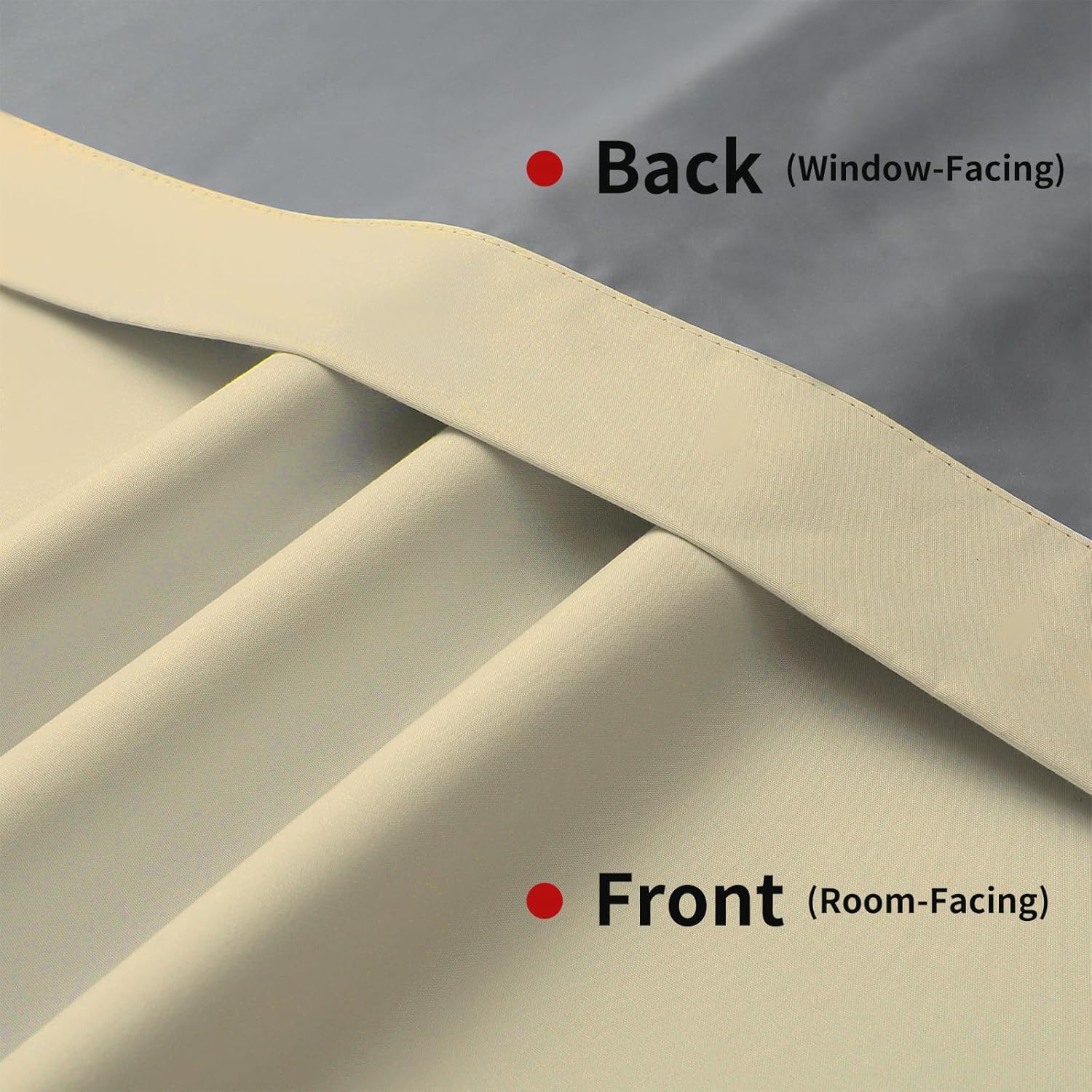 Joydeco beige blackout curtain fabric detail: front (room-facing) beige, back (window-facing) grey. Thick material.