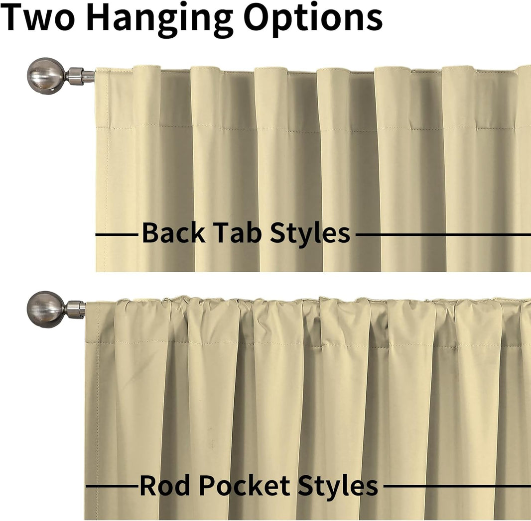 Joydeco beige blackout curtains shown with back tab and rod pocket hanging styles on silver rods.