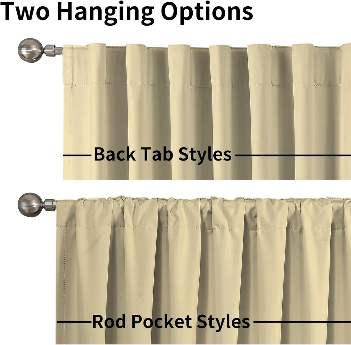 Joydeco beige blackout curtains shown with back tab and rod pocket hanging styles on silver rods.