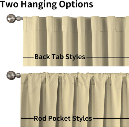 Joydeco beige blackout curtains shown with back tab and rod pocket hanging styles on silver rods.