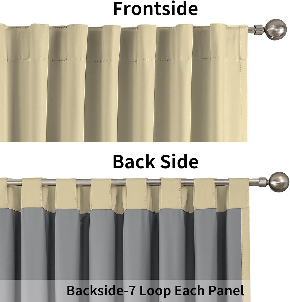 Joydeco beige blackout curtain: front view shows rod pocket, back view reveals grey lining and back tab loops.