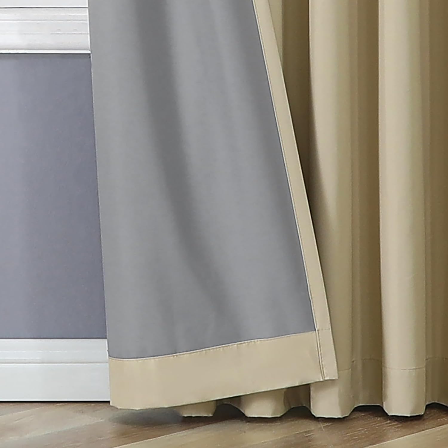 Joydeco beige blackout curtain with grey lining, showing dual color design and smooth fabric texture.