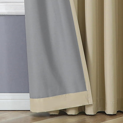 Joydeco beige blackout curtain with grey lining, showing dual color design and smooth fabric texture.