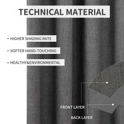 Dark grey linen blend curtains material: higher shading, softer touch, healthy & environmental. Front and back layers shown.