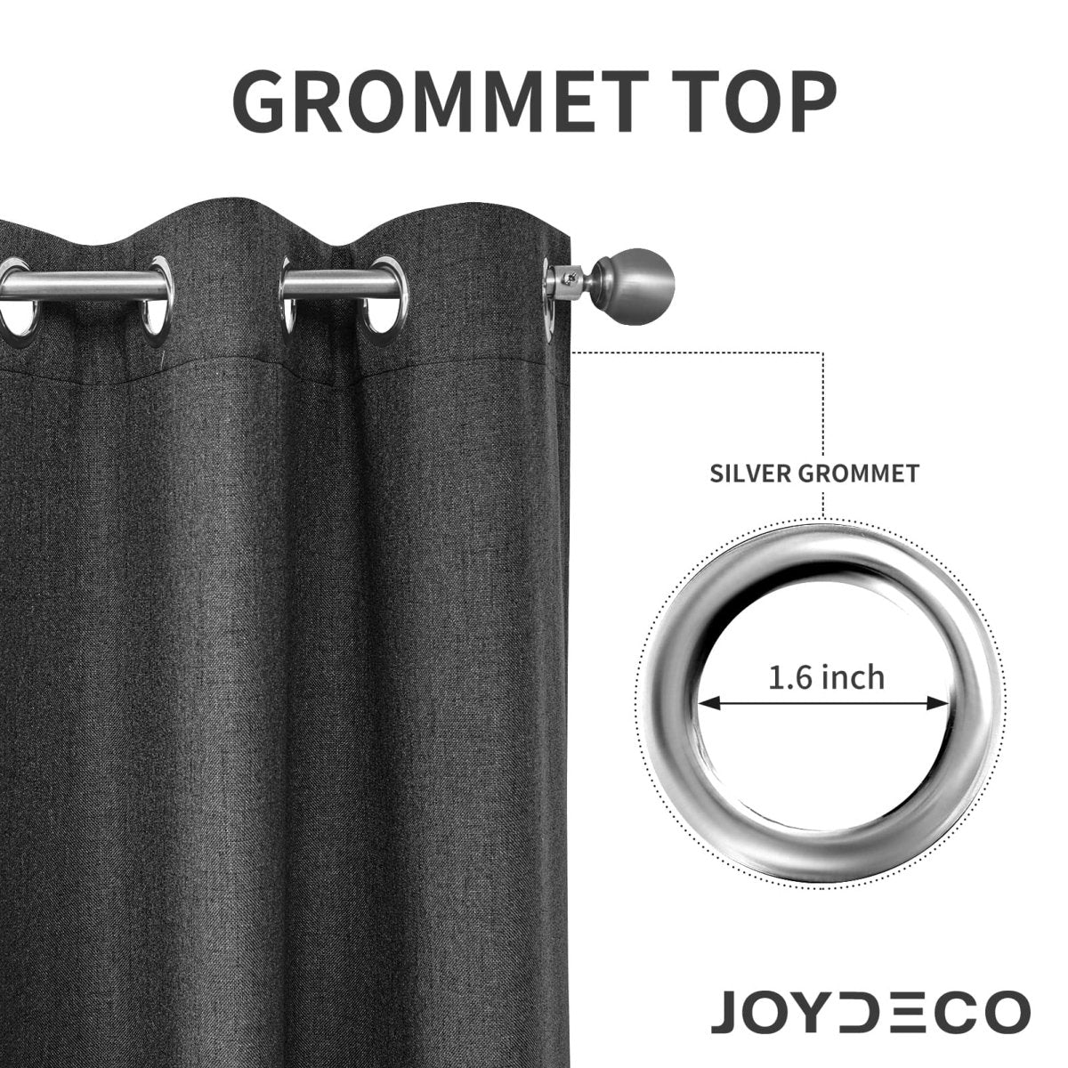 Close-up of dark grey JOYDECO blackout curtain grommet top with silver grommet detail showing 1.6-inch diameter.