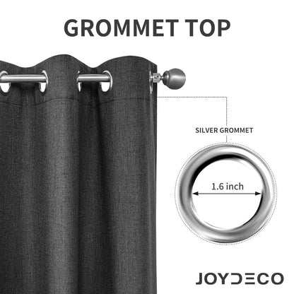 Close-up of dark grey JOYDECO blackout curtain grommet top with silver grommet detail showing 1.6-inch diameter.