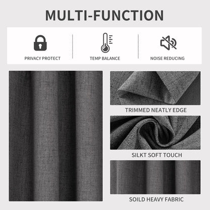 Grey linen blend blackout curtains: privacy, temp balance, noise reduction, soft texture, heavy fabric.