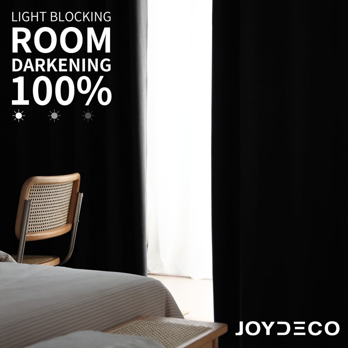 Grey blackout linen curtains demonstrating 100% light-blocking in a bedroom. Text overlay confirms room darkening.