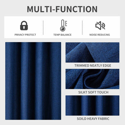 Navy blue linen blackout curtain with textured weave, showing privacy, temperature balance, and noise reduction benefits.