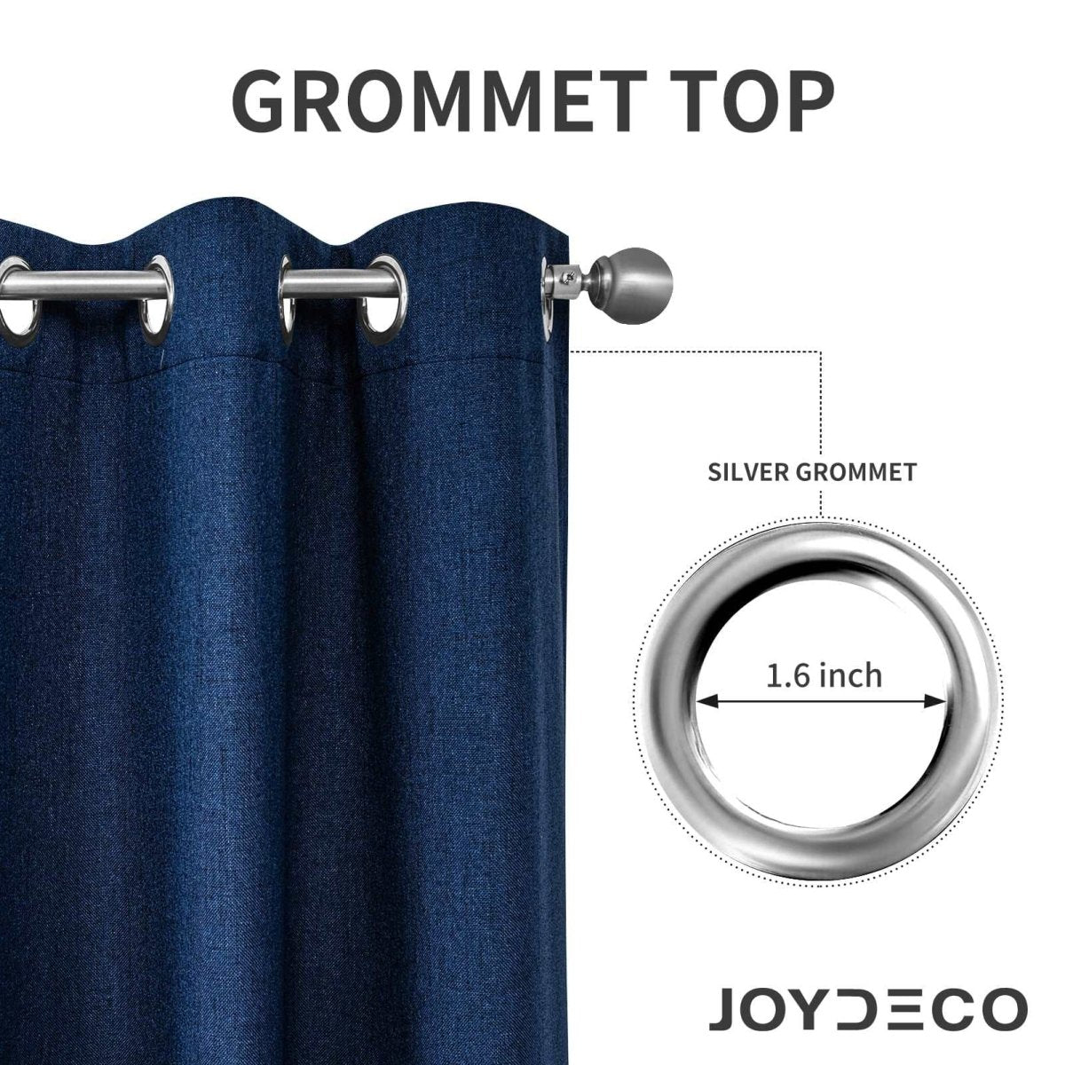 Navy blue JOYDECO linen curtain showcasing grommet top with 1.6-inch silver grommets for easy hanging.