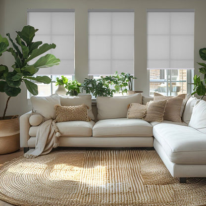 Joydeco custom off-white solar shades, light filtering weave with grid pattern, shown in a lifestyle living room setting.