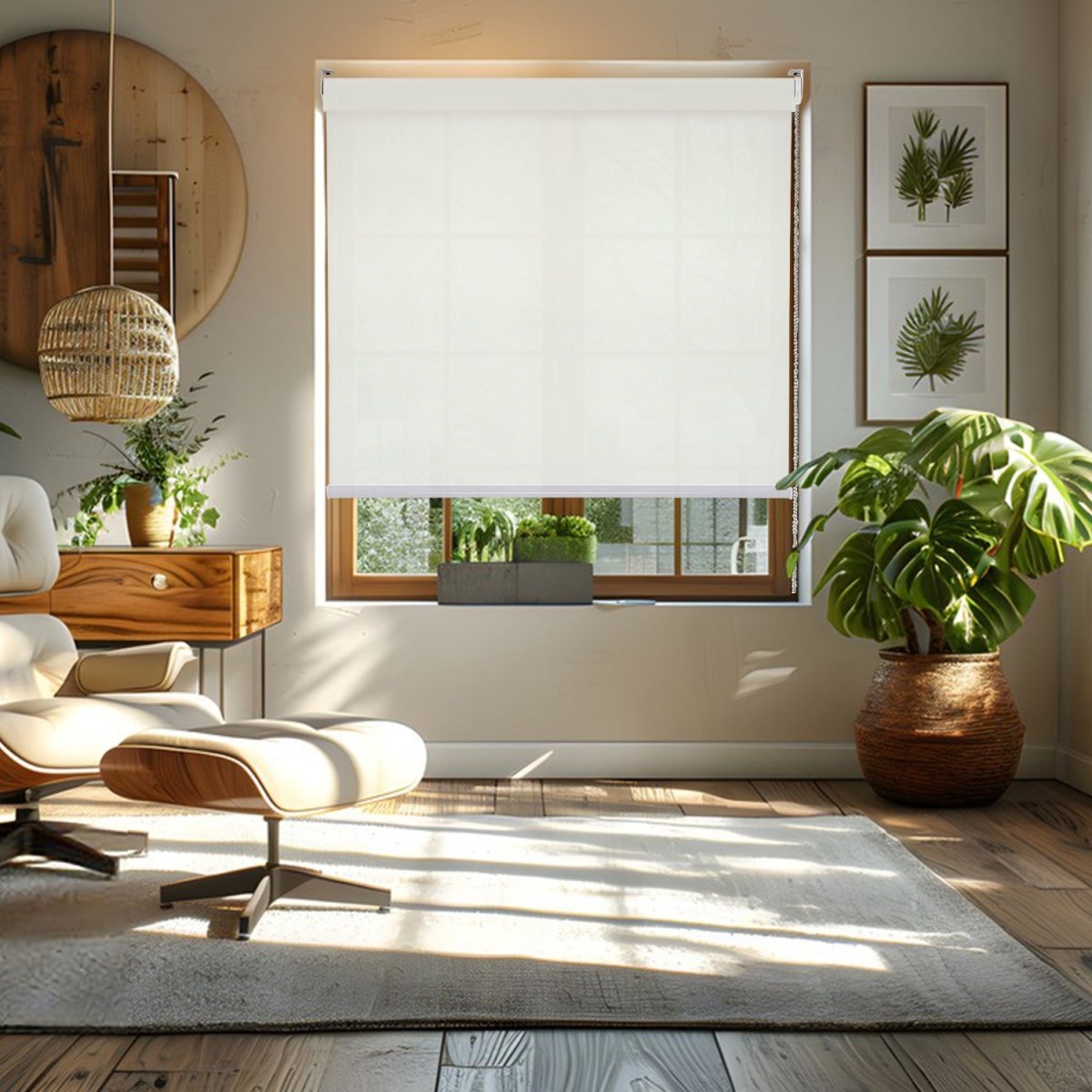 White sheer weave solar shade partially covering a wooden window in a sunlit living room, with light filtering through.