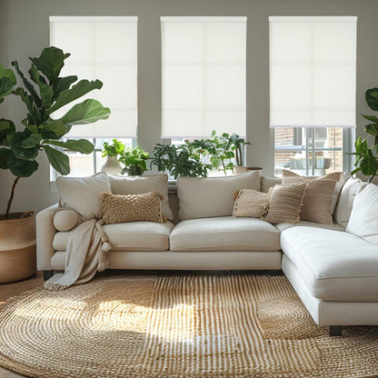 Three white motorization sheer weave solar shades installed on windows of a sunlit living room, with a sofa and plants.