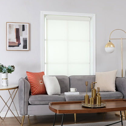 Joydeco cream cordless sheer weave solar shade in a bright living room with gray sofa and gold floor lamp.