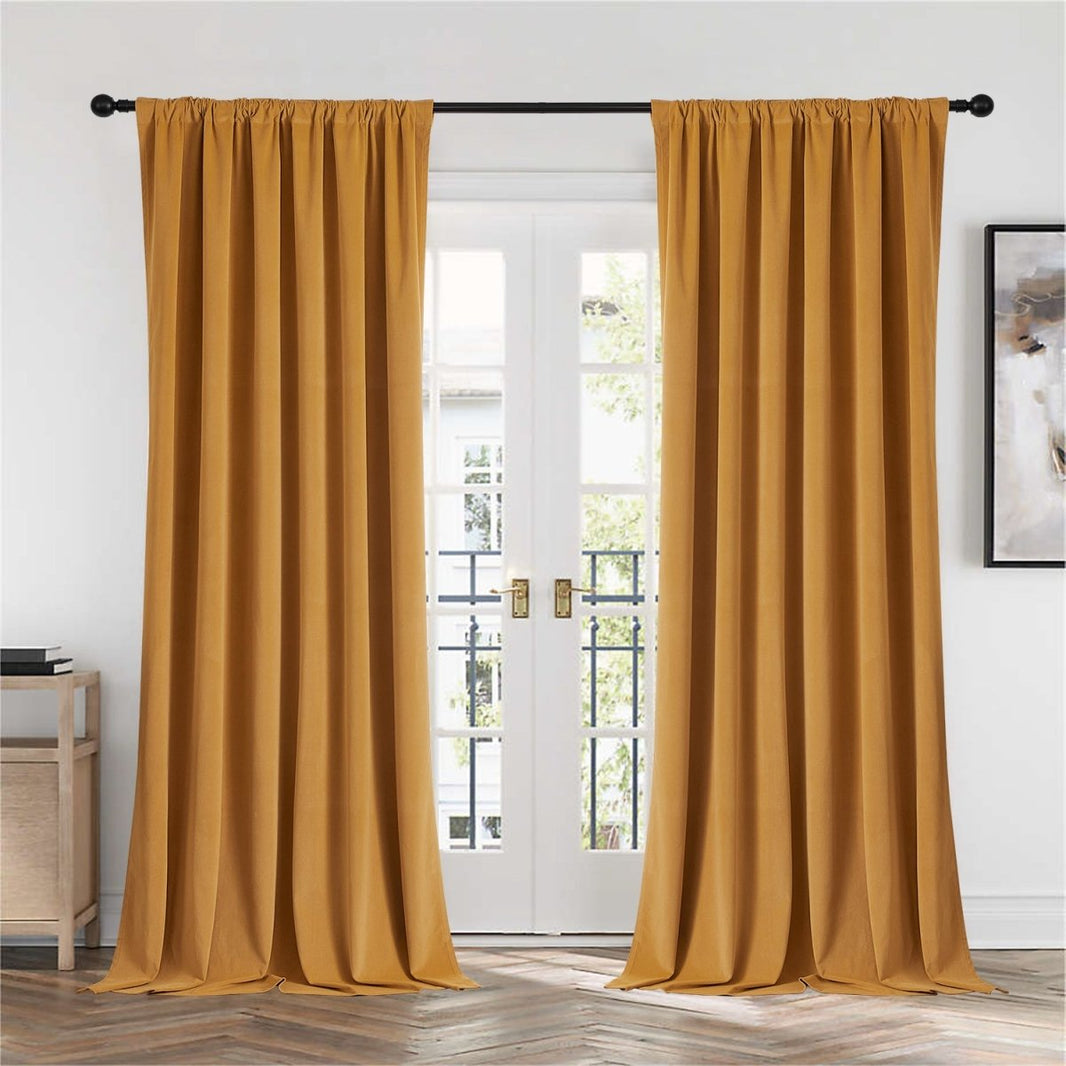 Joydeco mustard yellow velvet blackout curtains, French doors, thermal insulated, privacy.