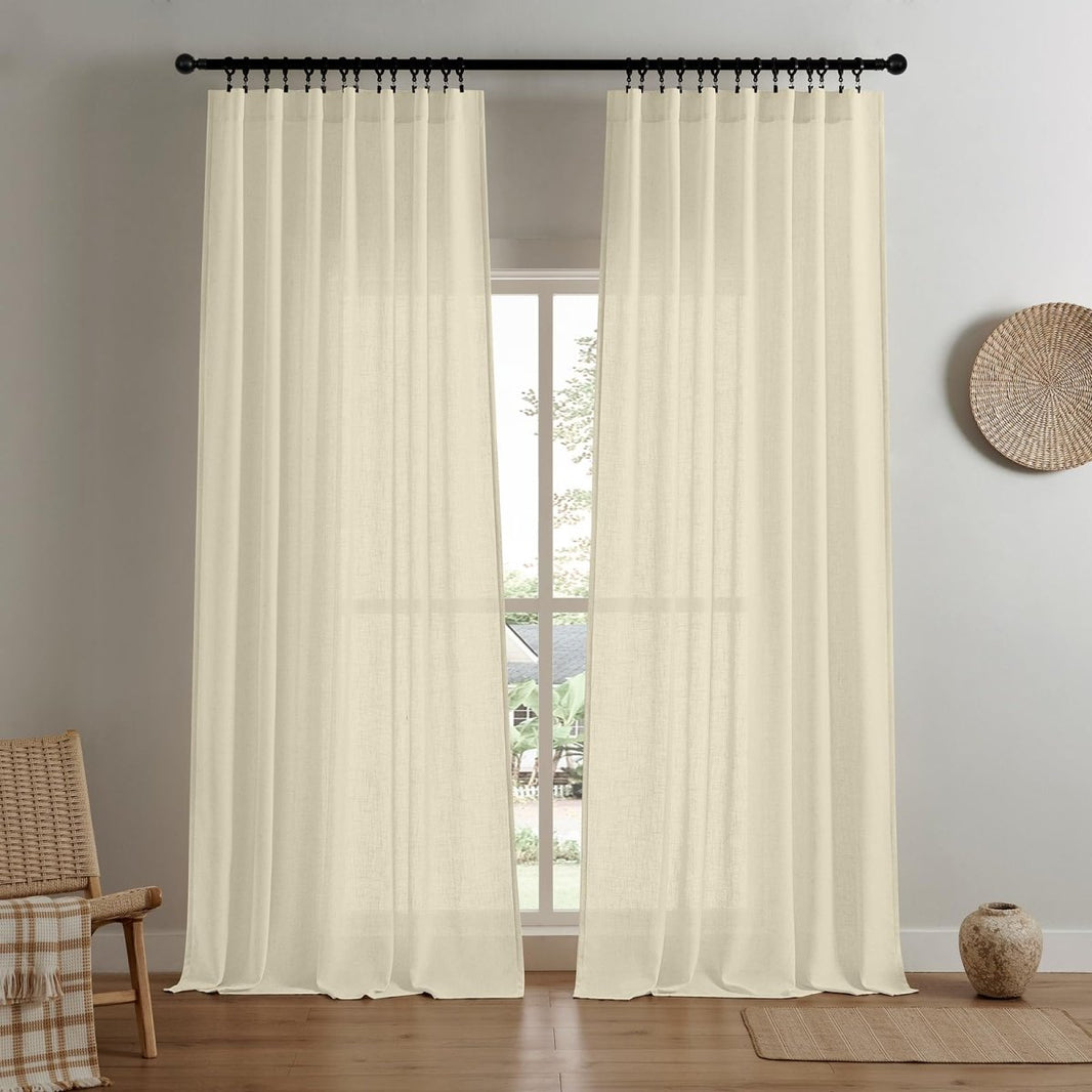 Joydeco light cream linen curtains, pinch pleat, filtering light in a modern living room.