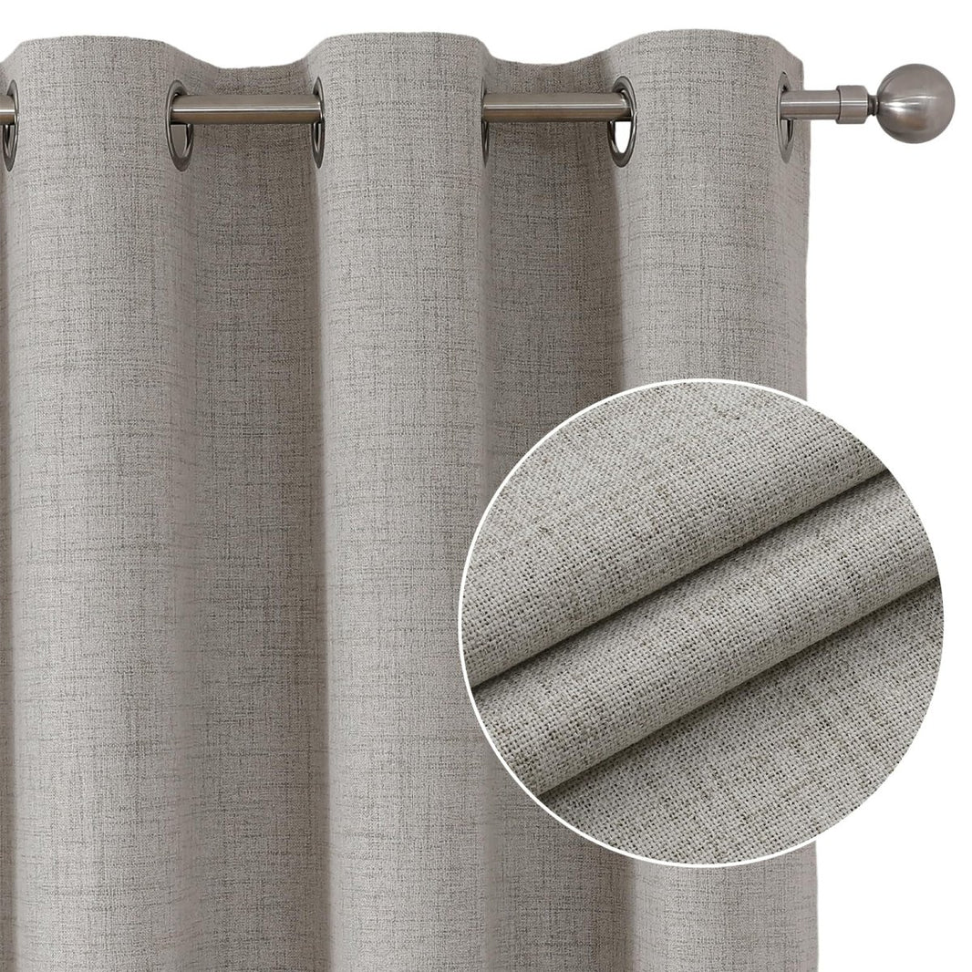 Joydeco light grey linen curtains, textured fabric detail, silver grommets.