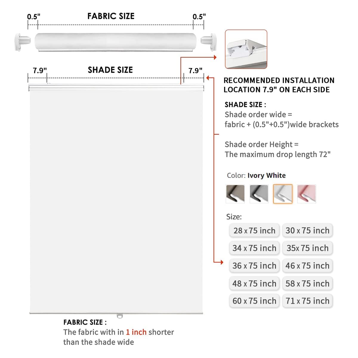 Joydeco cordless blackout shade sizing and installation guide: inside/outside mount dimensions, Ivory White, sizes 28-71in.