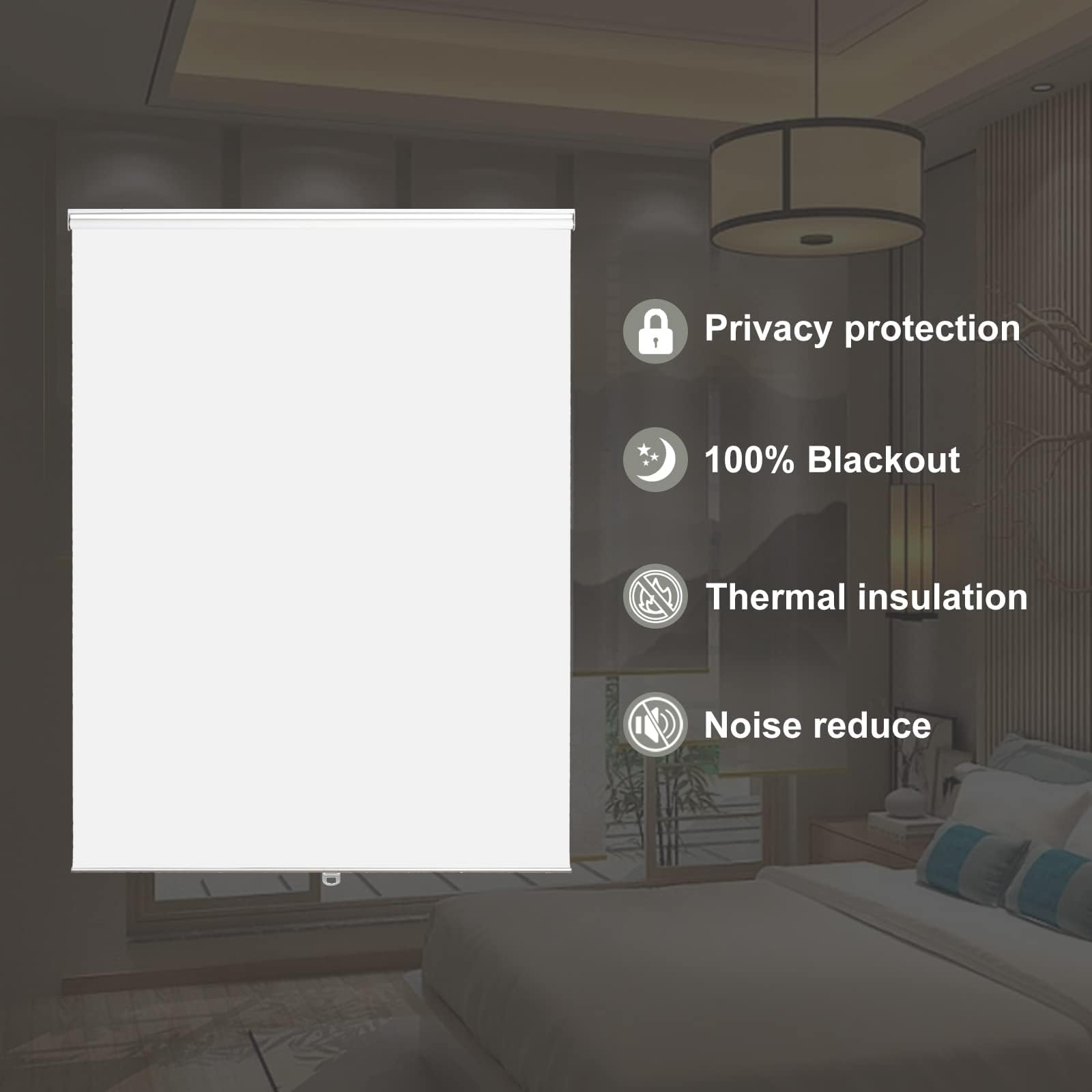 Joydeco cordless blackout roller shade in bedroom: privacy, 100% blackout, thermal insulation, noise reduction features.