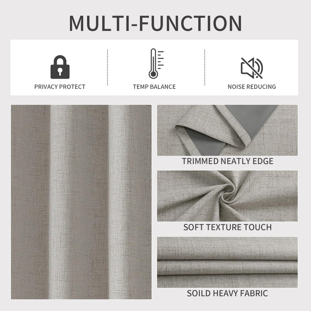 Joydeco light grey linen blackout curtains with privacy, temp balance & noise reduction icons. Textured fabric, neat edges.