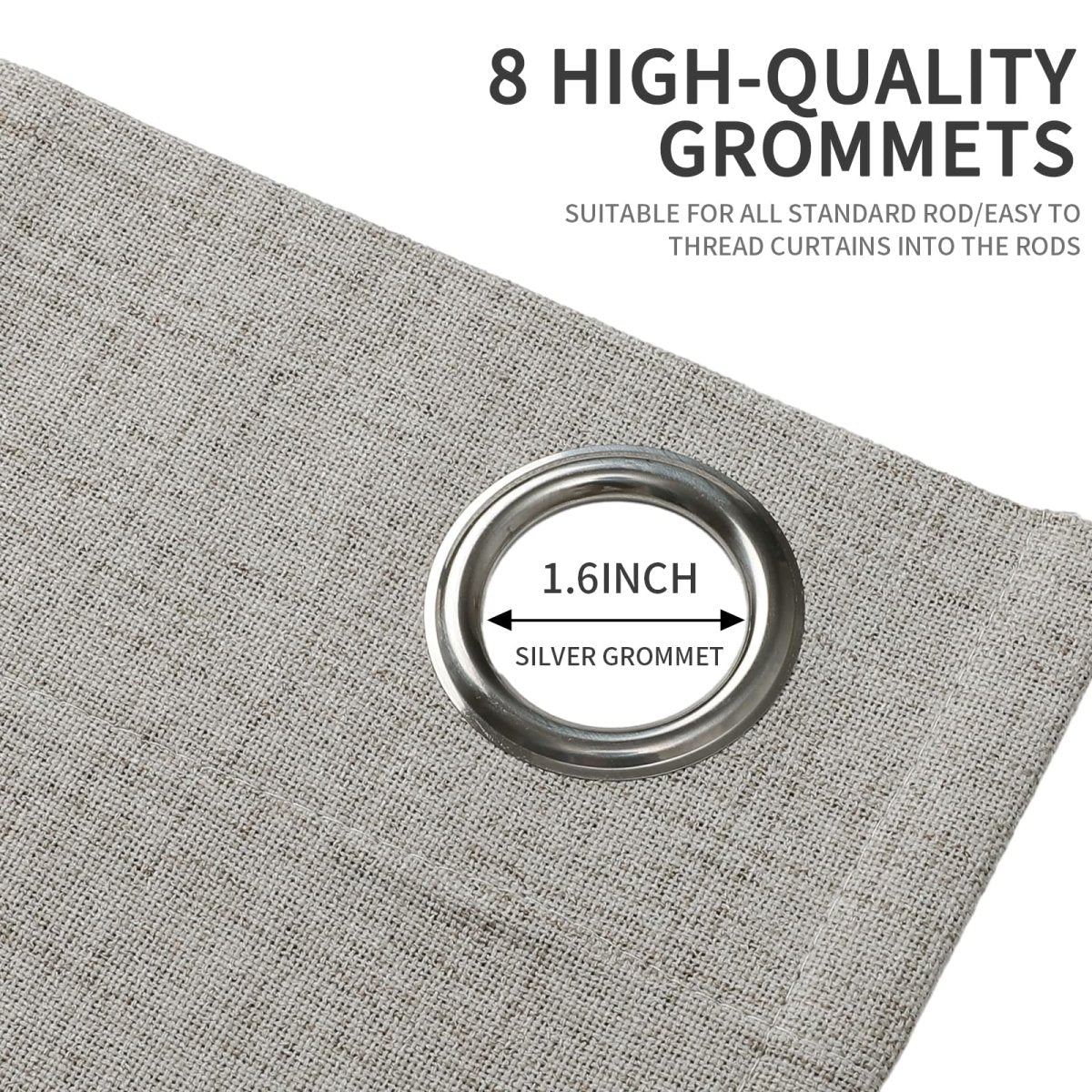 Joydeco linen blackout curtain close-up showing 8 silver grommets, 1.6 inch diameter, for standard curtain rods.