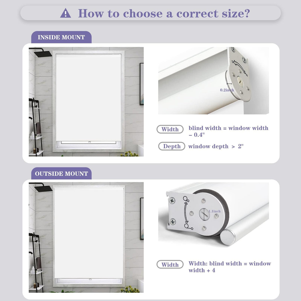 Joydeco cordless blackout shade installation guide: inside and outside mount measurements for bathroom window.