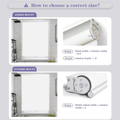 Joydeco cordless blackout shade installation guide: inside and outside mount measurements for bathroom window.