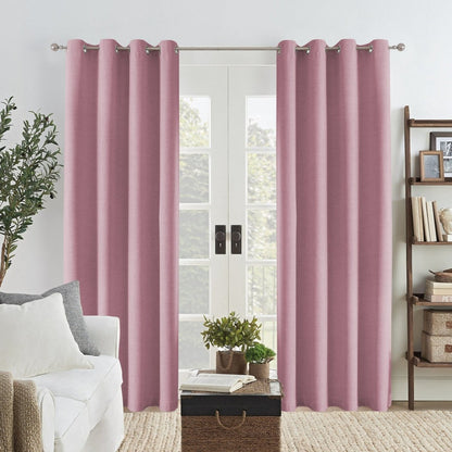 Light pink Joydeco custom linen blackout curtains with grommets on a silver rod, French door.