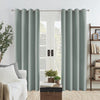 Sage green Joydeco linen blackout curtains with textured weave, framing double doors in a modern living room.