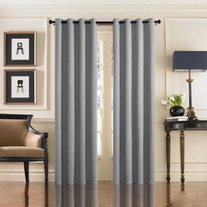 Joydeco custom light gray faux linen blackout curtains with grommets, thermal insulated in living room with armchair.