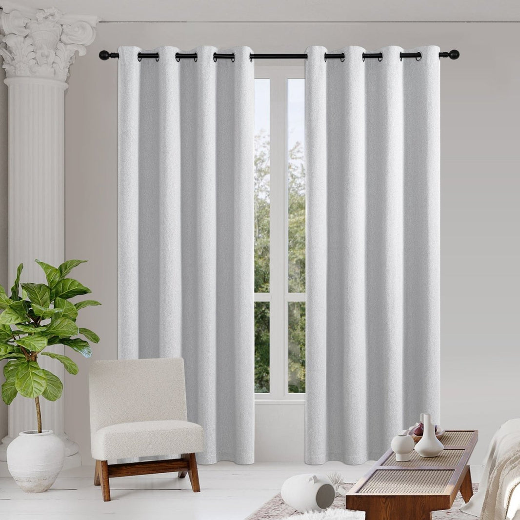 Joydeco light gray faux linen blackout curtains with grommets, thermal insulated, 100% light blocking for room.