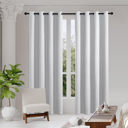 Joydeco light gray faux linen blackout curtains with grommets, thermal insulated, 100% light blocking for room.