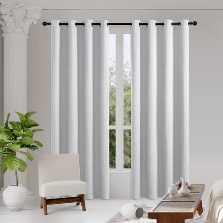 Joydeco light gray faux linen blackout curtains with grommets, thermal insulated, 100% light blocking for room.