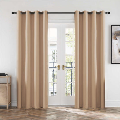 Joydeco beige blackout curtains, two thermal insulated grommet panels, French doors, herringbone floor.