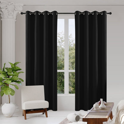 Joydeco Beige Blackout Curtains, two sanded fabric thermal insulated panels with grommets in a room setting.