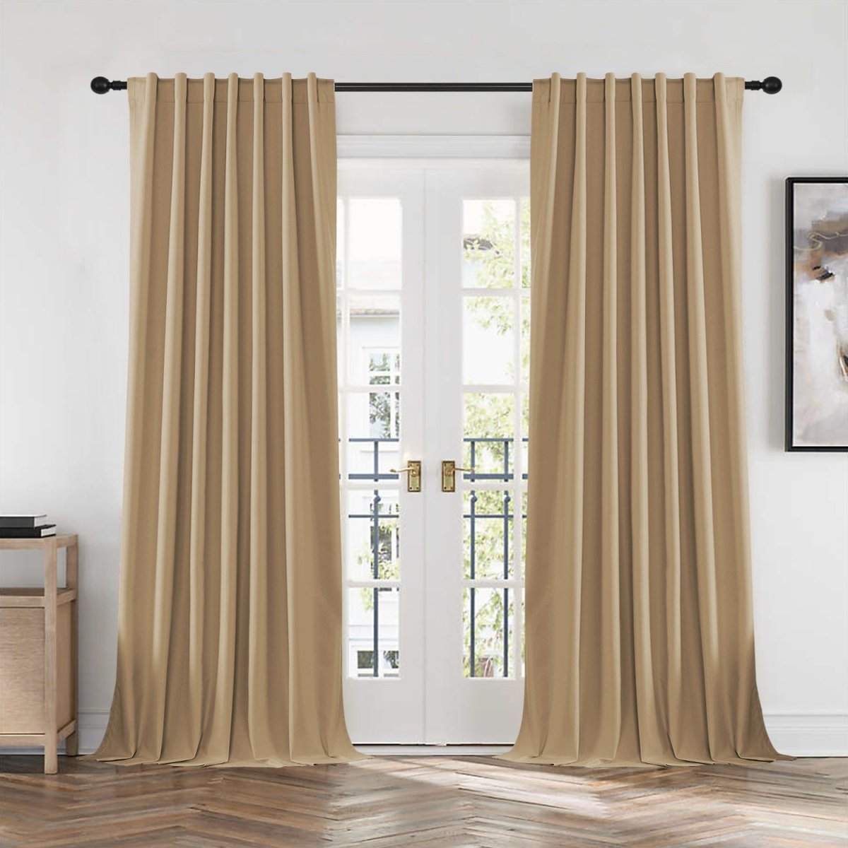 Two dark beige Joydeco blackout curtains, thermal insulated, with grommets, framing a double door.