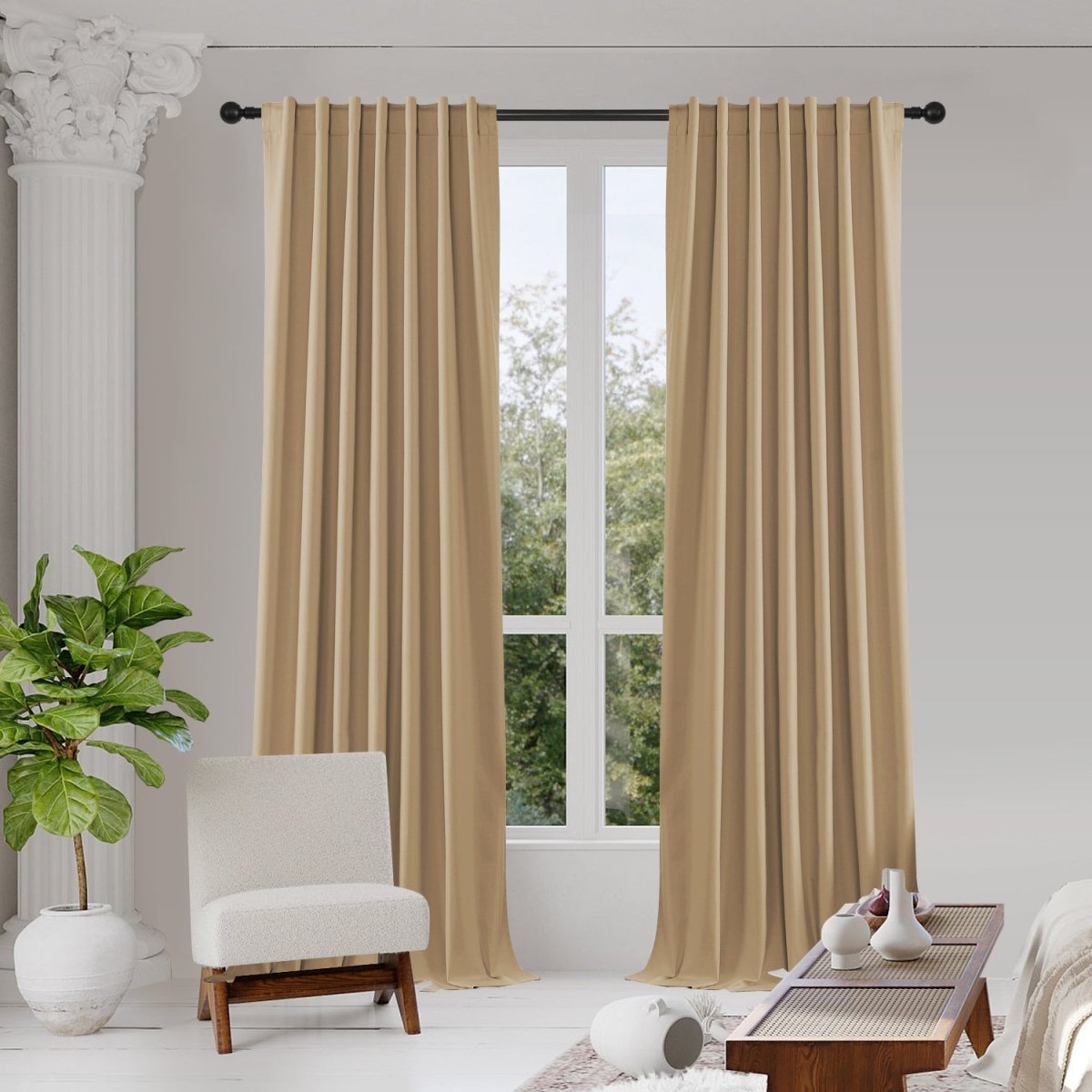 Joydeco 2 dark beige blackout curtains thermal insulated grommet top panels in modern living room.