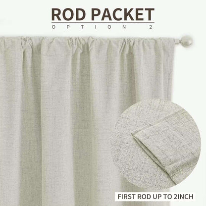 Beige linen blackout curtain with rod pocket detail, showing natural fabric texture and rod fit up to 2 inches.