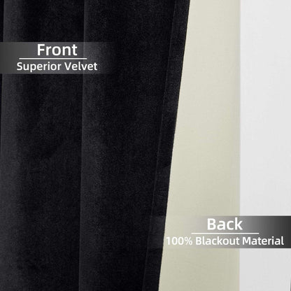 Black velvet curtain front with superior plush texture and cream 100% blackout backing.