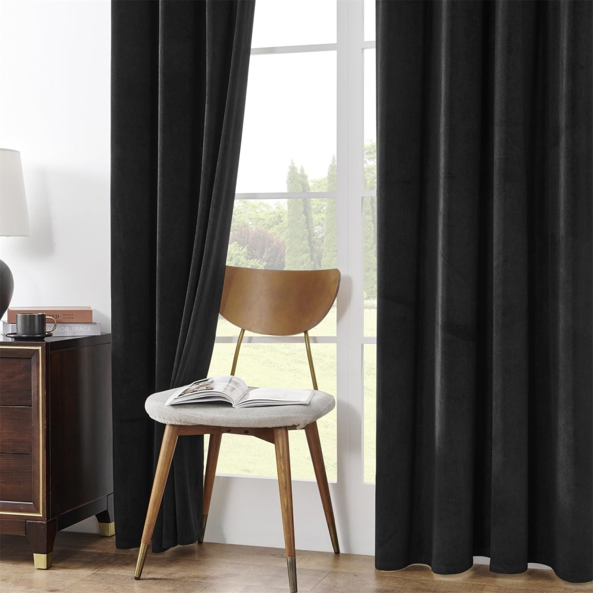 Joydeco black velvet blackout curtains 84 inch, textured, room darkening for bedroom.