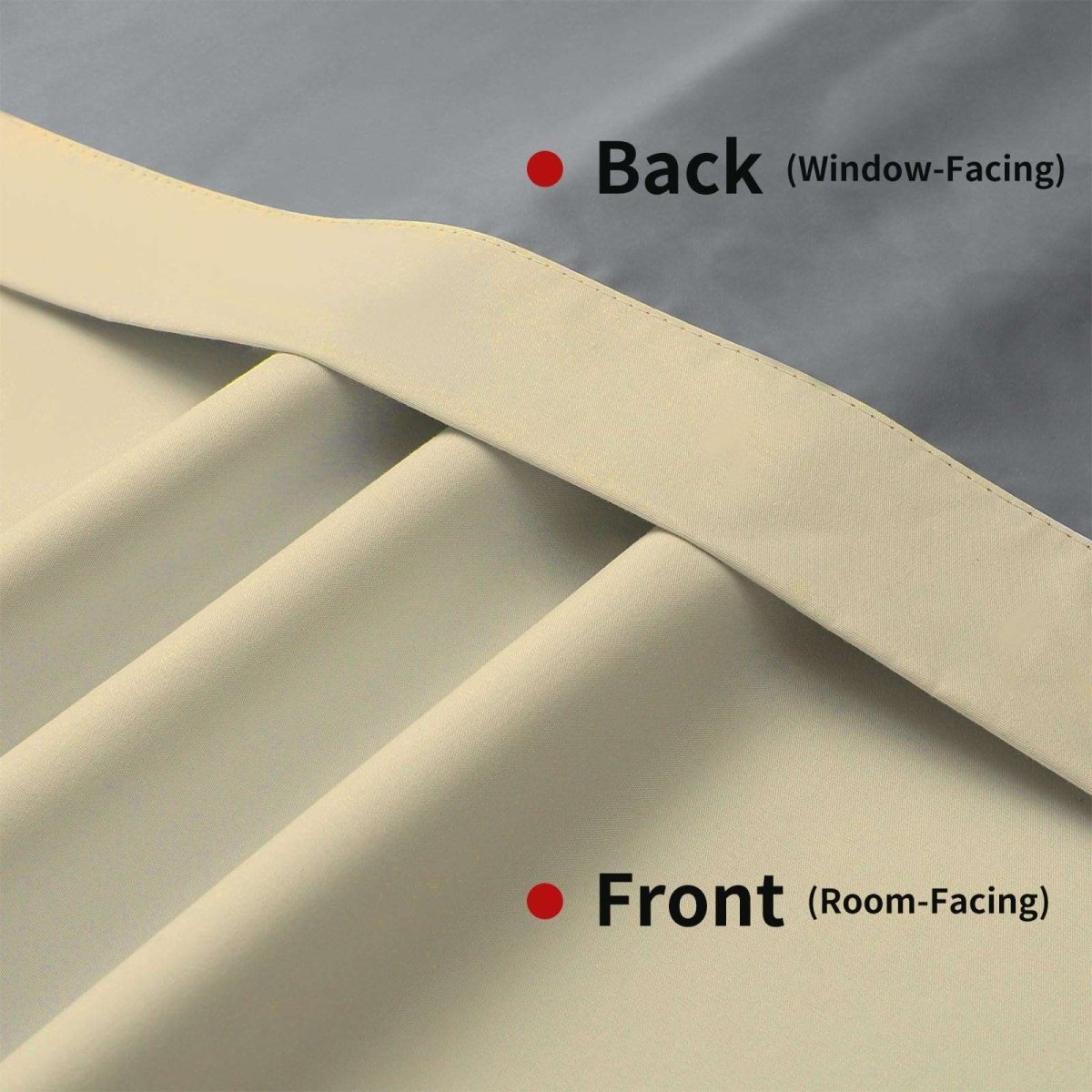 Beige faux linen blackout curtain construction: textured front, smooth grey back liner for 100% blackout.