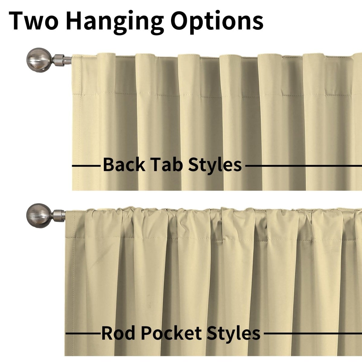 Beige faux linen blackout curtains showing back tab and rod pocket hanging styles on a silver rod.