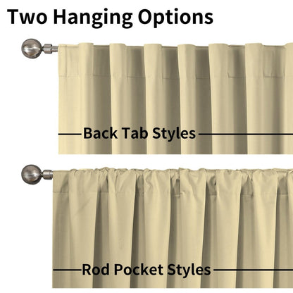 Beige faux linen blackout curtains showing back tab and rod pocket hanging styles on a silver rod.