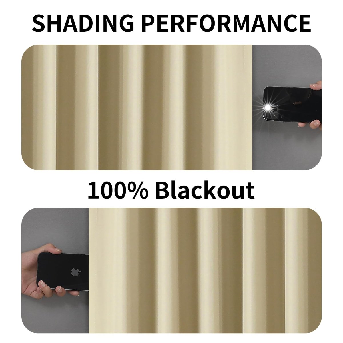 Beige Joydeco blackout curtains demonstrating 100% light blocking capability against a phone flashlight.