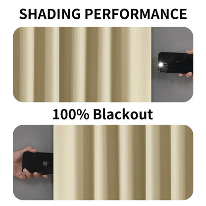 Beige Joydeco blackout curtains demonstrating 100% light blocking capability against a phone flashlight.