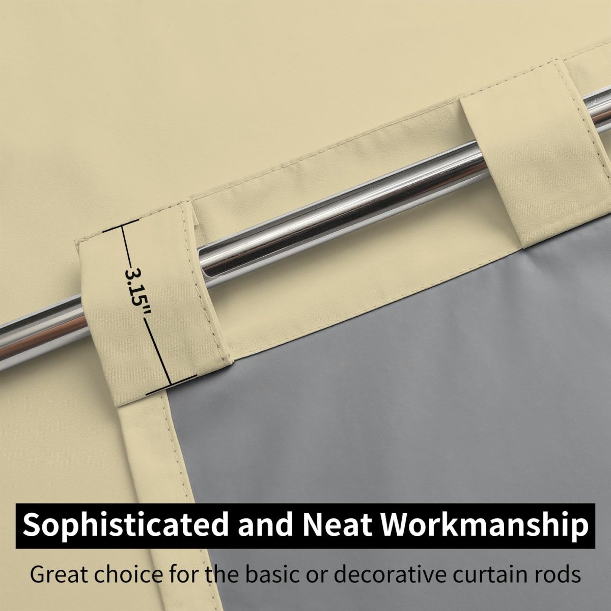 Beige faux linen curtain close-up with grey liner, showing 3.15" rod pocket & neat workmanship for curtain rods.