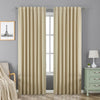 Two beige faux linen 100% blackout curtains with rod pocket, hanging on a window in a room with grey walls.