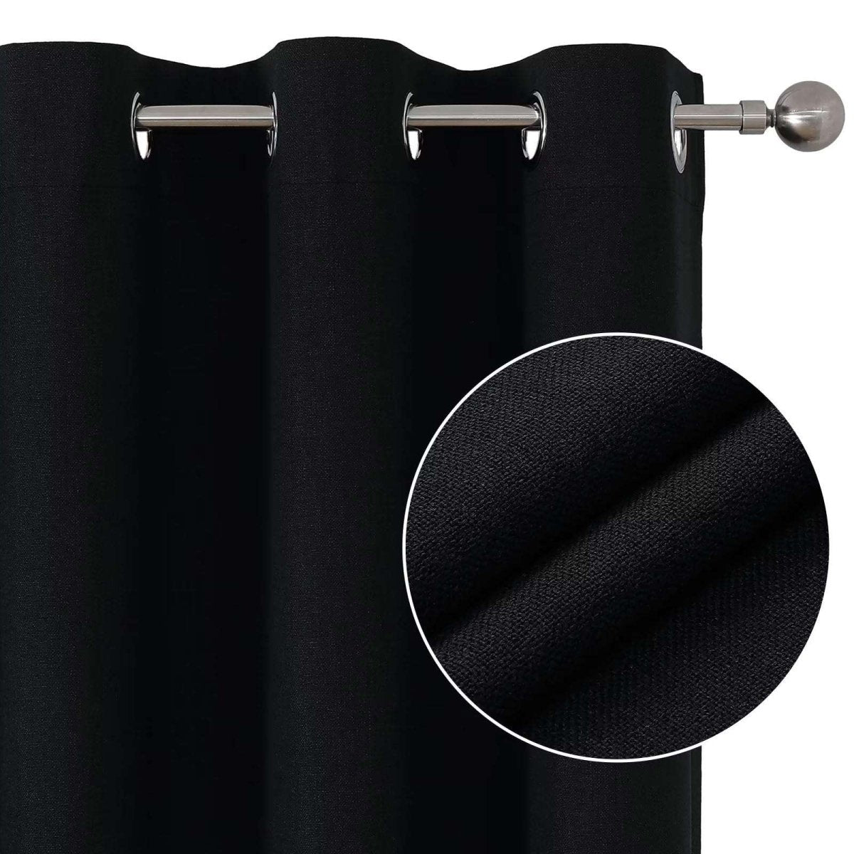 Joydeco black textured linen blend blackout curtains with grommets and close-up fabric detail.