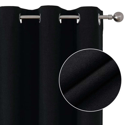 Joydeco black textured linen blend blackout curtains with grommets and close-up fabric detail.